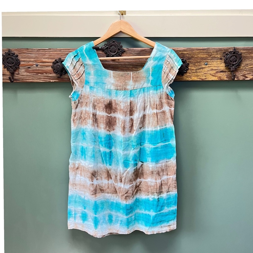 Calypso St Barth Women XS Linen Tie Dye Stripe‎ Mini Shift Dress Turquoise Brown